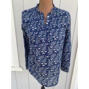J. Crew‎ Women's Blouse Navy Blue Deer Print Button Woodland Popover Size 00